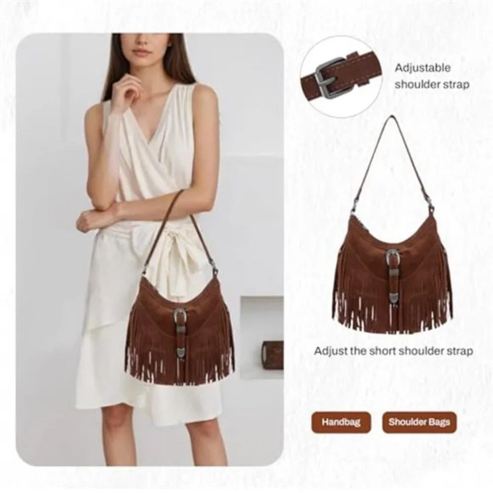 CHOCOLATE BROWN Bohemian Cowgirl Vegan Suede Faux Leather Fringe Purse Boho Bag